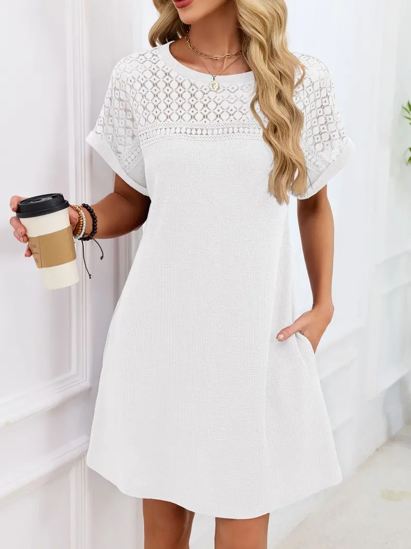 Lace Round Neck Short Sleeve T-Shirt Dress 36