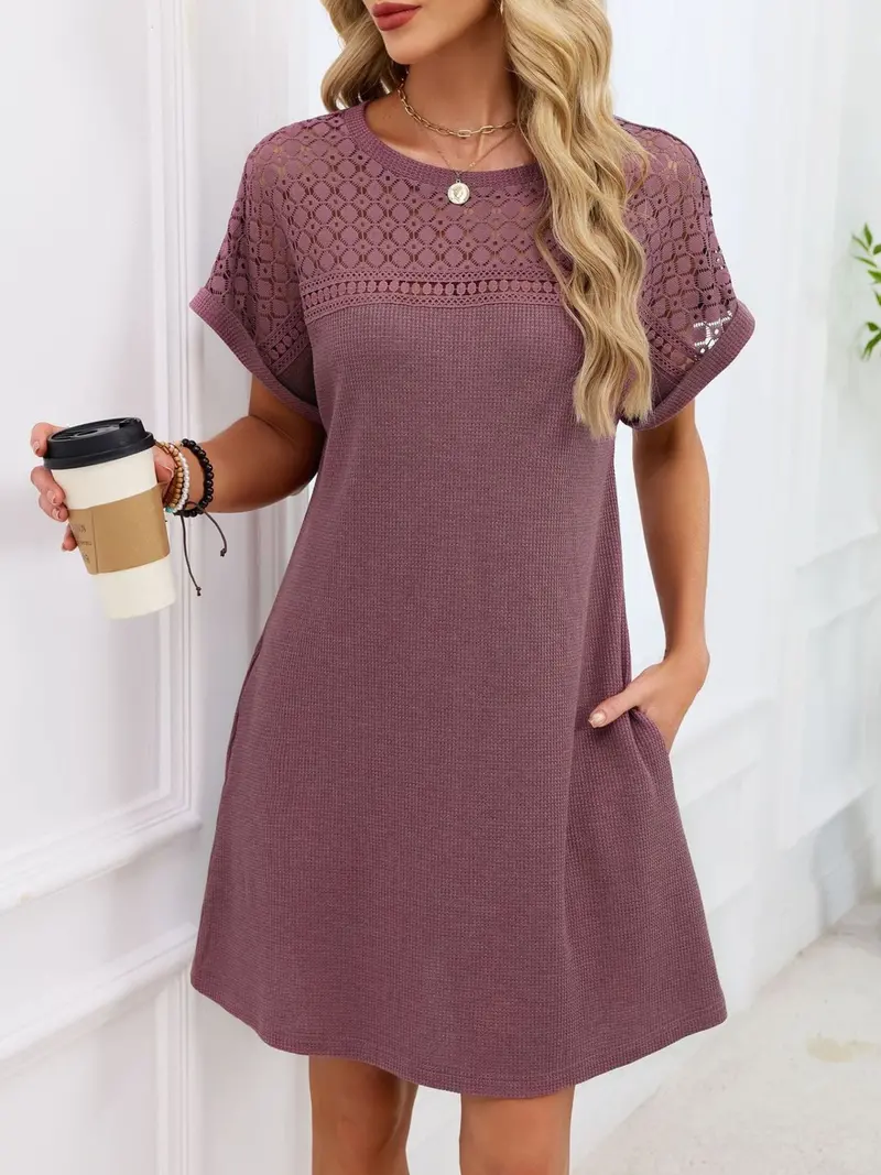 Lace Round Neck Short Sleeve T-Shirt Dress 4