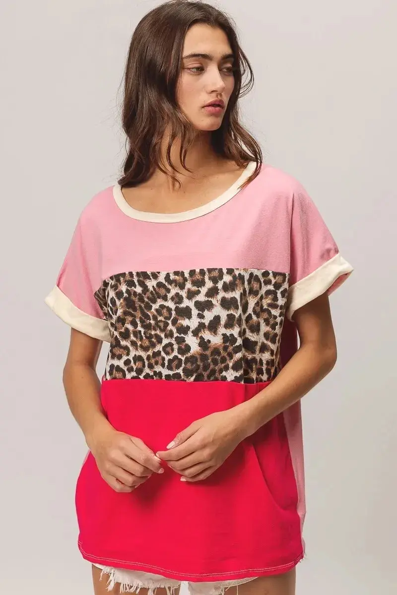 Leopard Printed Jersey  Color Block Roll Up 1