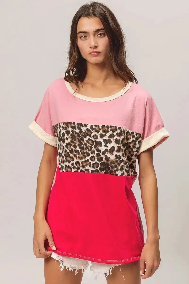 Leopard Printed Jersey Color Block Roll Up 2