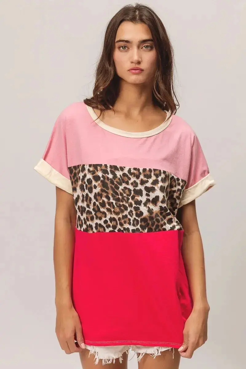 Leopard Printed Jersey Color Block Roll Up 3