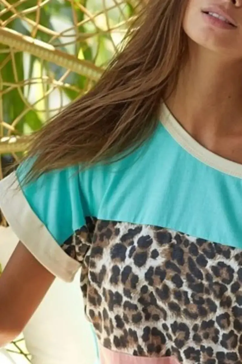 Leopard Printed Jersey Color Block Roll Up Top 3
