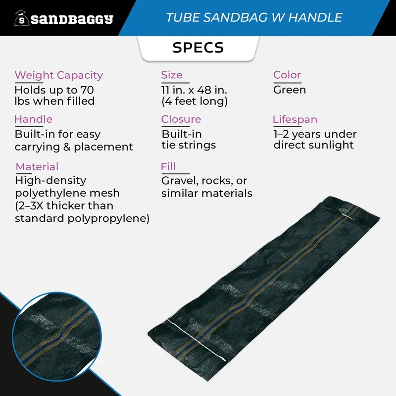 Long Tube Sandbags With Handle - 4 Ft Length (Lasts 1-2 Yrs) - 70 Lb Capacity 2