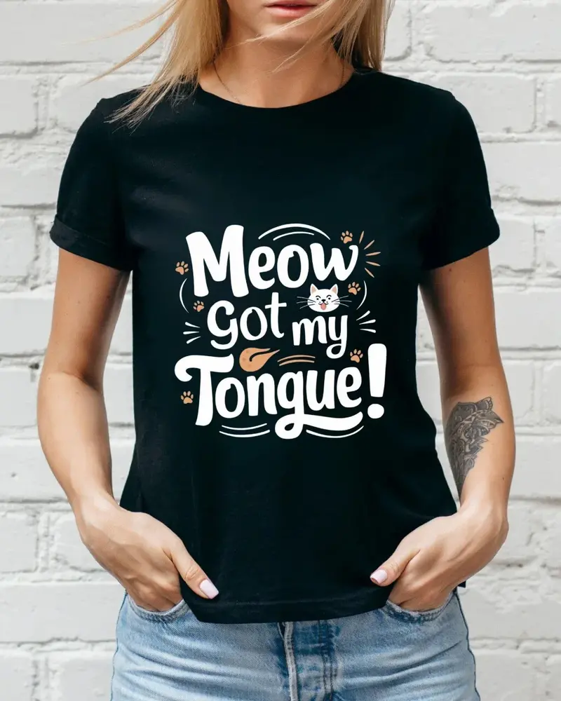Meow Got My Tongue Idiom Cotton T-Shirts 3