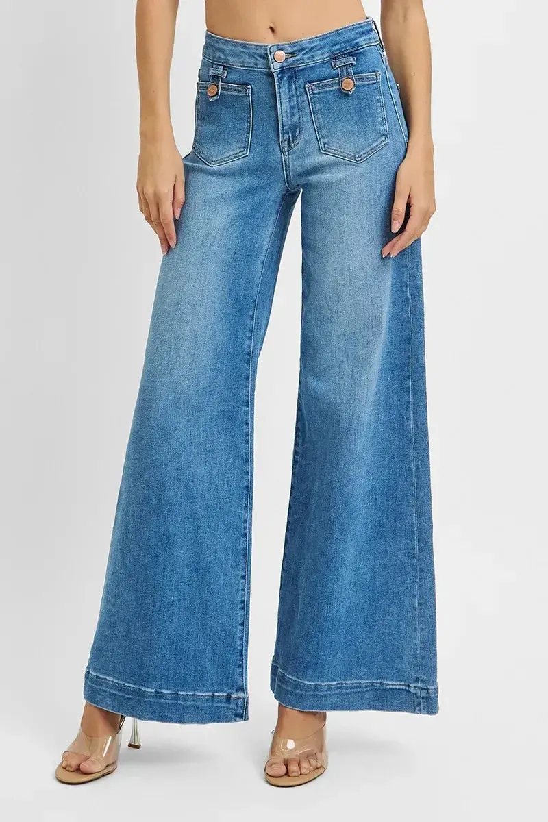 Mid Rise Wide Front Patch Pocket Jeans Plus Size 1