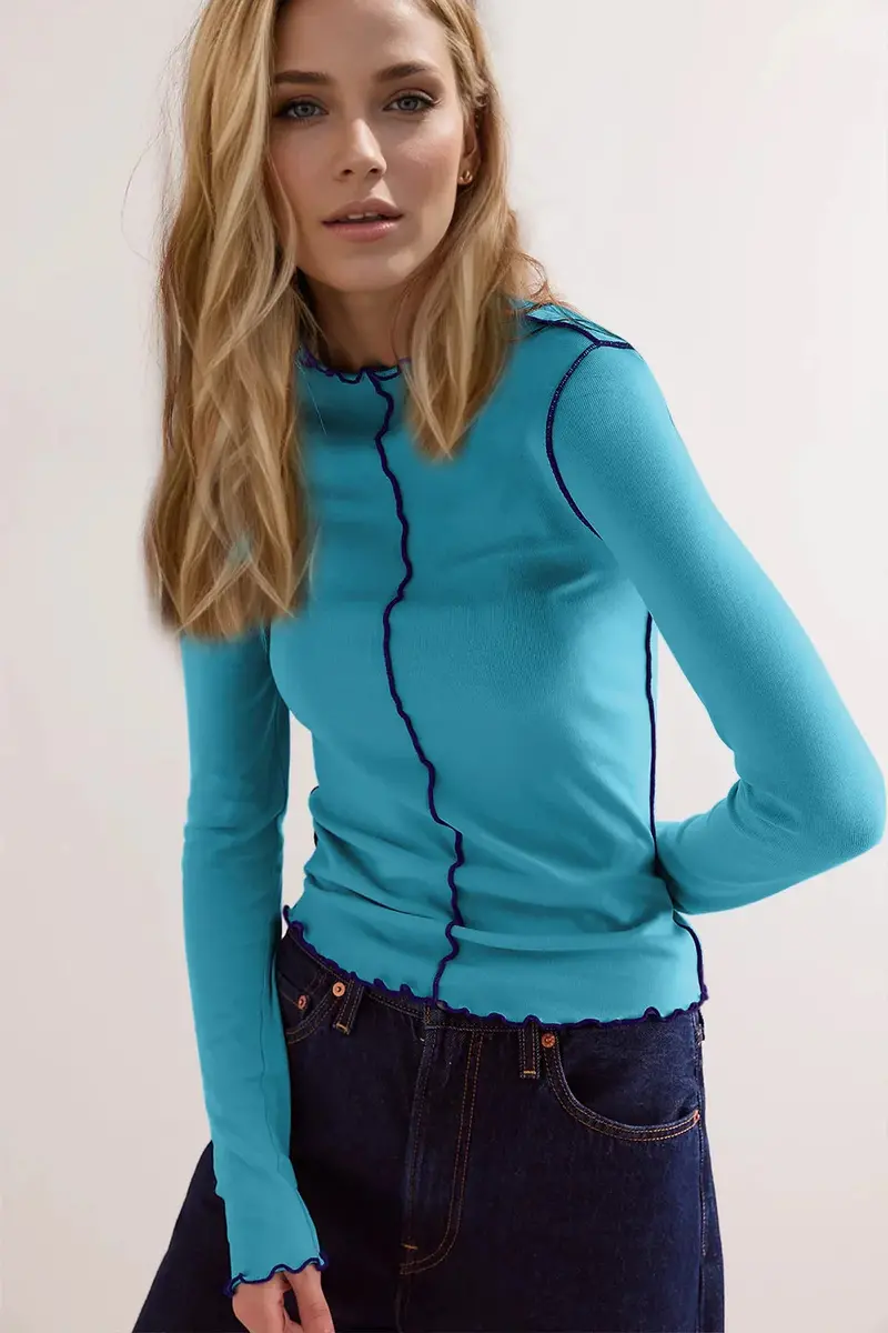 Mock Neck Long Sleeve T-Shirt with Contrast Trim