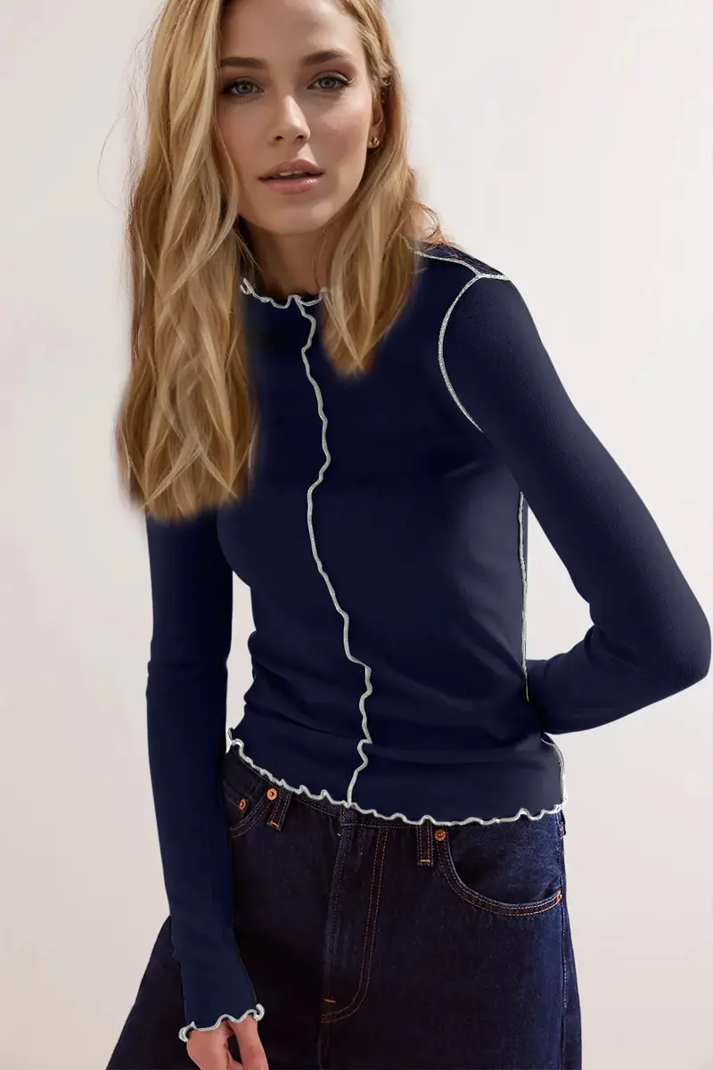 Mock Neck Long Sleeve T-Shirt with Contrast Trim