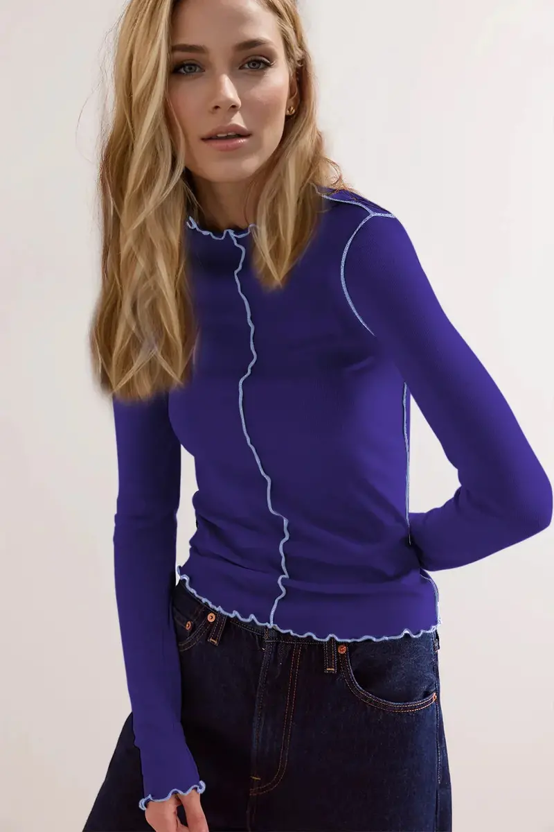 Mock Neck Long Sleeve T-Shirt with Contrast Trim