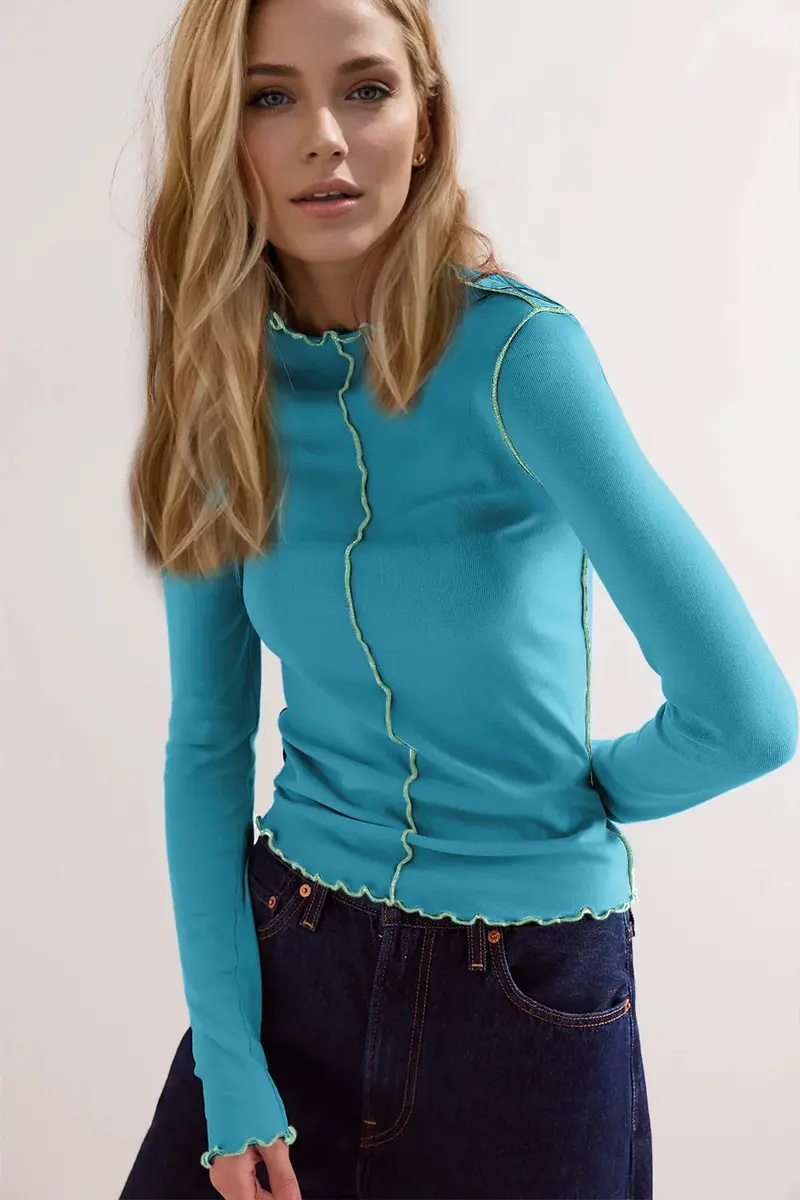 Mock Neck Long Sleeve T-Shirt with Contrast Trim