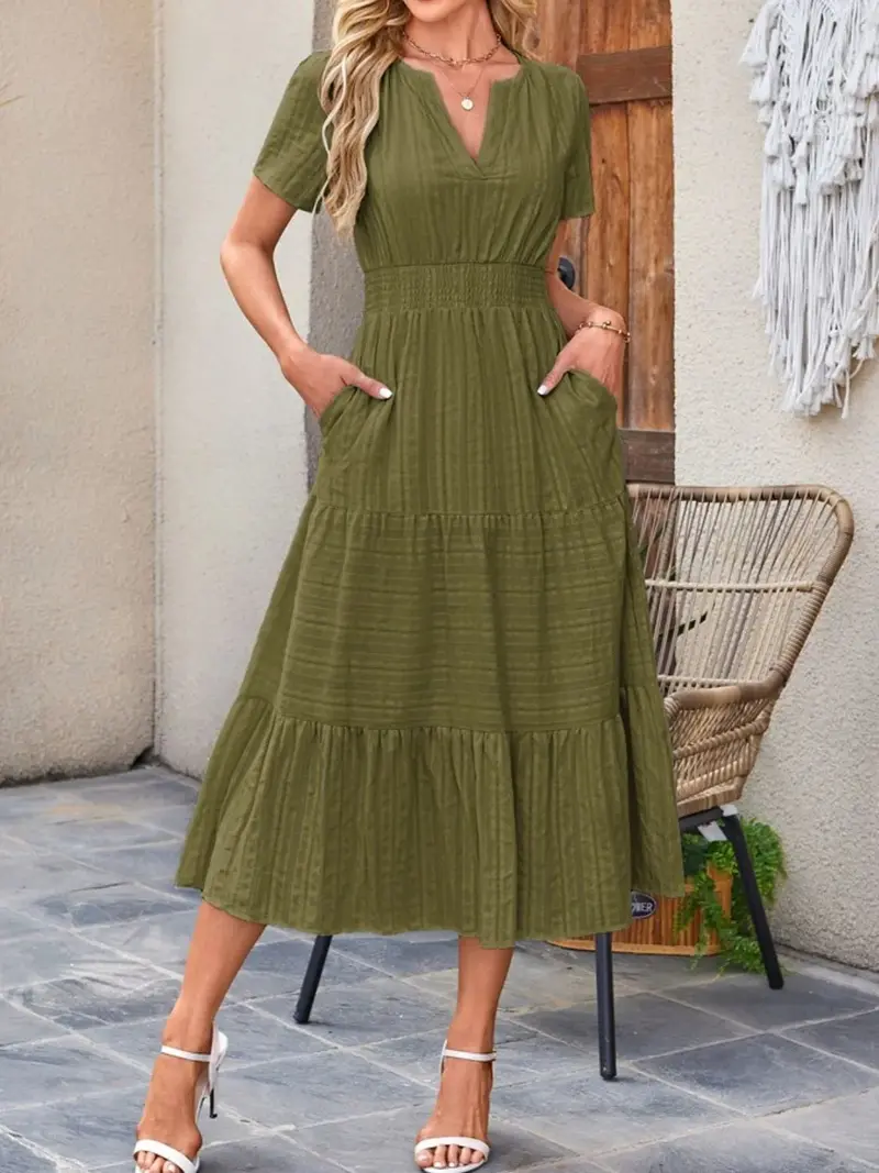 Notched Hem Tiered Short-Sleeve Dress