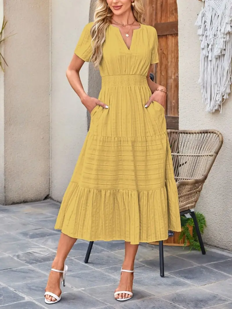 Notched Hem Tiered Short-Sleeve Dress