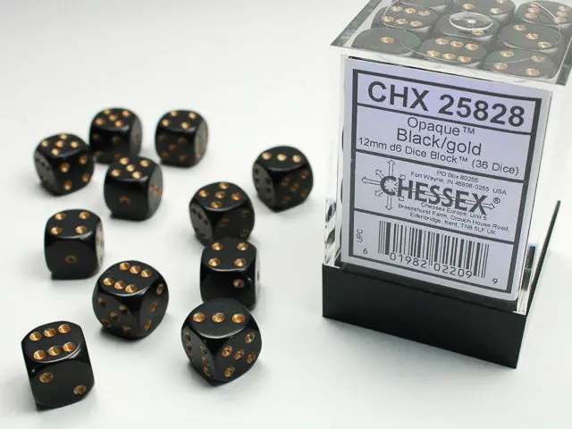 Opaque 12Mm D6 Black/Gold Dice Block™ (36 Dice) 1