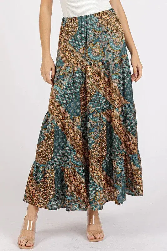 Paisley Patchwork Print Satin Maxi Skirt 1