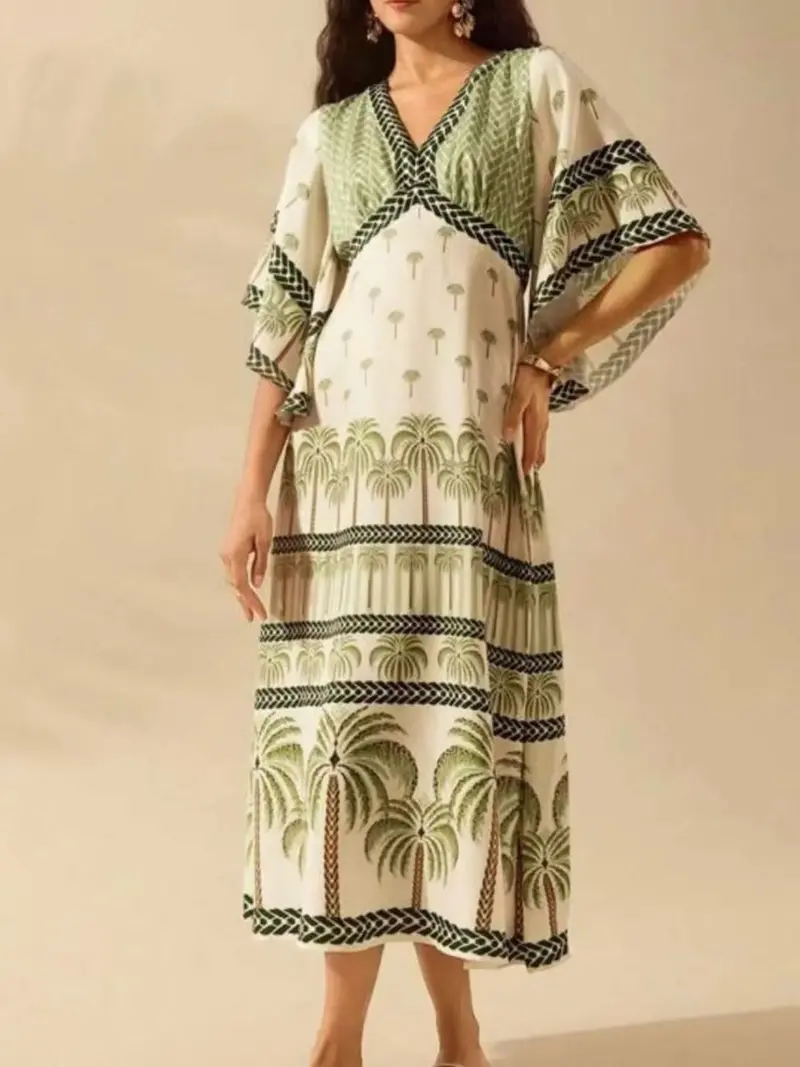 Palm Print V-Neck Midi Dress 1