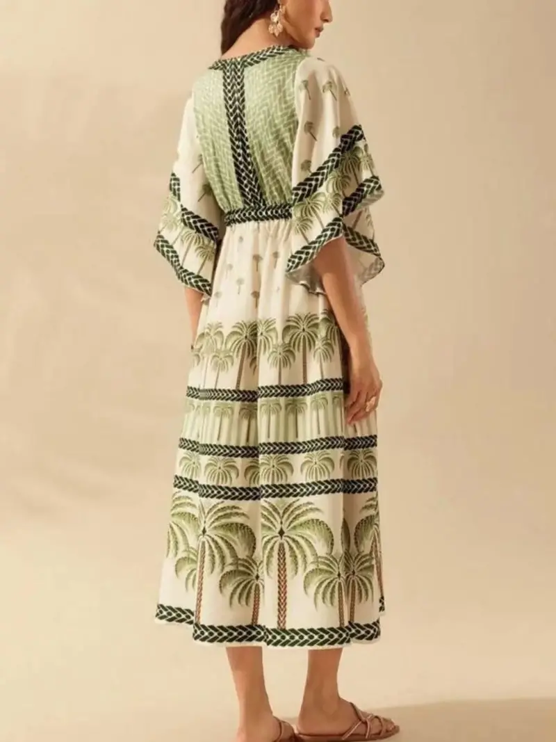 Palm Print V-Neck Midi Dress 2