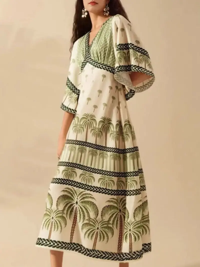 Palm Print V-Neck Midi Dress 3