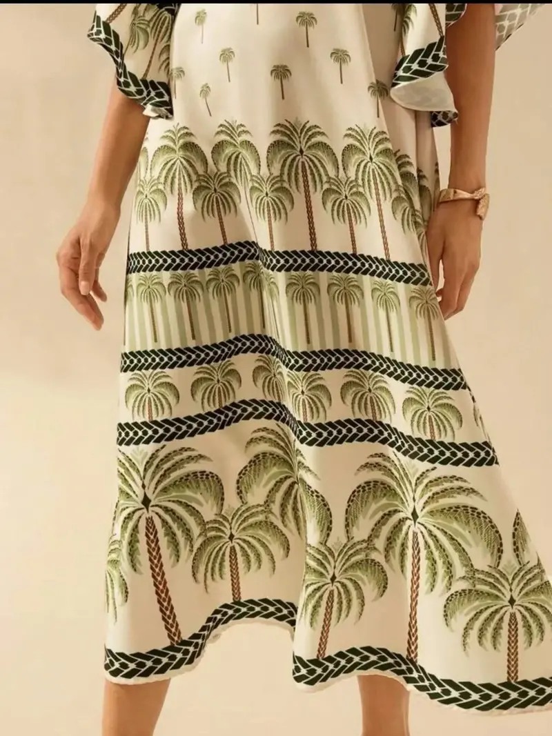 Palm Print V-Neck Midi Dress 4