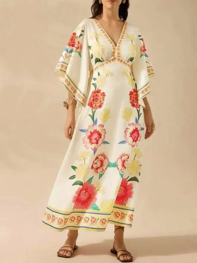 Palm Print V-Neck Midi Dress 7