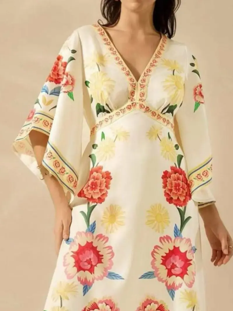Palm Print V-Neck Midi Dress 7