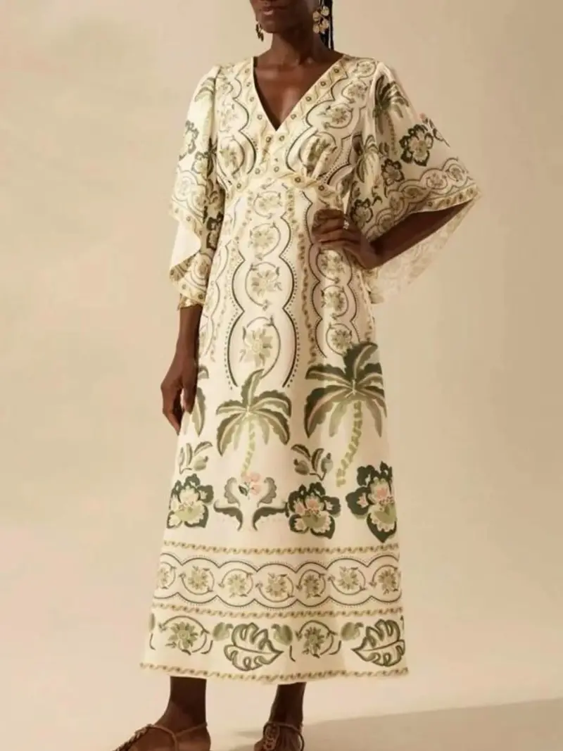 Palm Print V-Neck Midi Dress 8