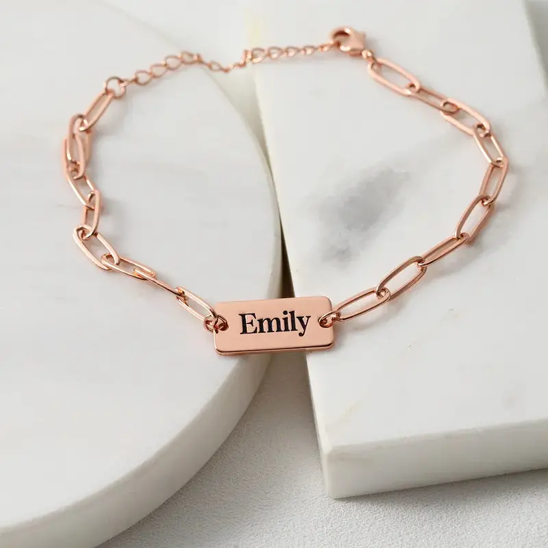 Paperclip-Style Custom Name Bracelet with Square Charm
