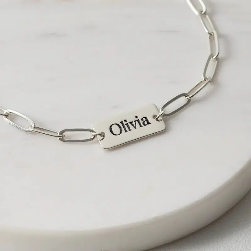 Paperclip-Style Custom Name Bracelet with Square Charm