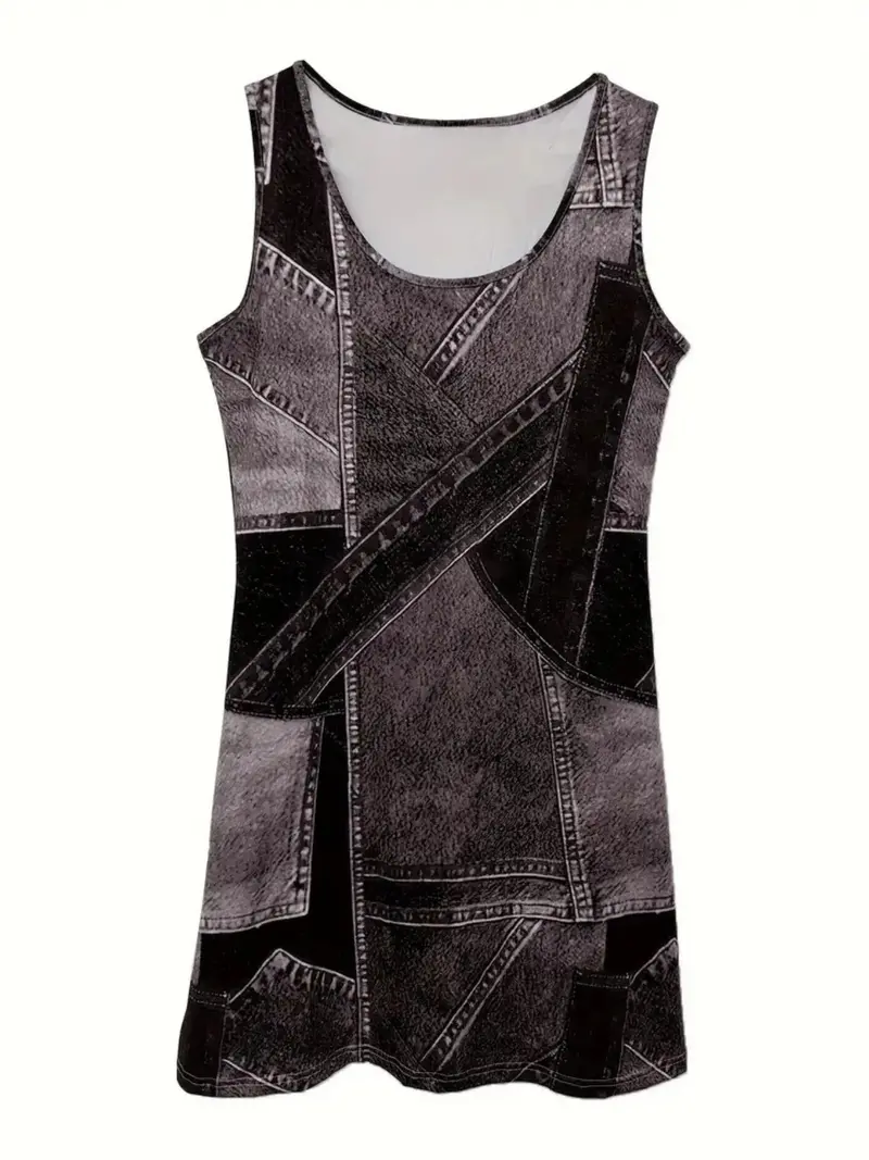 Patchwork Scoop Neck Denim Tank Dress 5