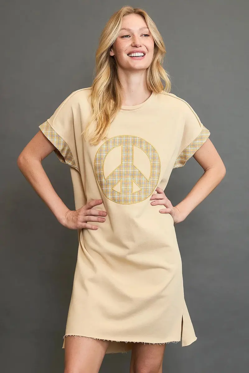 Peace Plaid Applique Short Sleeve Mini Dress 1