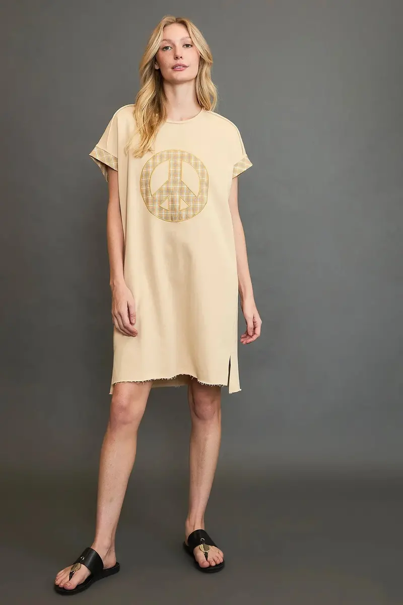 Peace Plaid Applique Short Sleeve Mini Dress 3