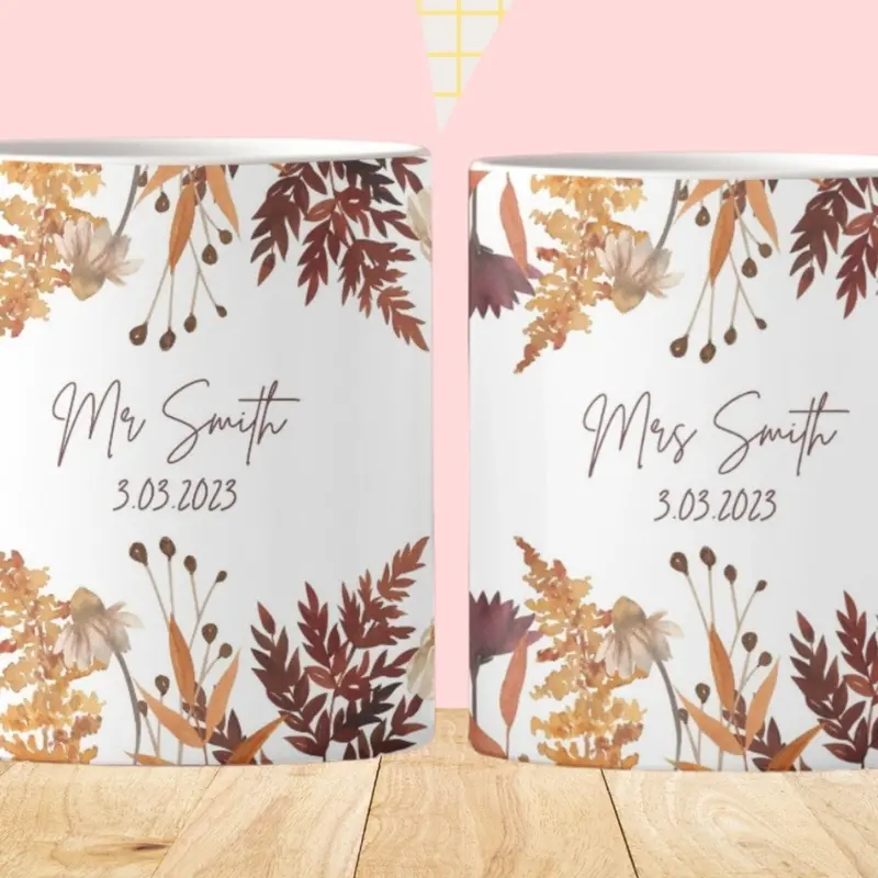 Personalised Wedding Gift Mr & Mrs Bride Groom Just Married Gift Mug Greenery Wreath Gift Set Ceramic Mug Tea Mug Coffee Mug Gift Mug 1