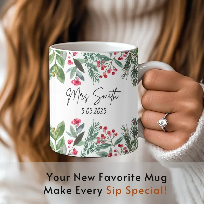Personalised Wedding Gift Mr & Mrs Bride Groom Just Married Gift Mug Greenery Wreath Gift Set Ceramic Mug Tea Mug Coffee Mug Gift Mug 6