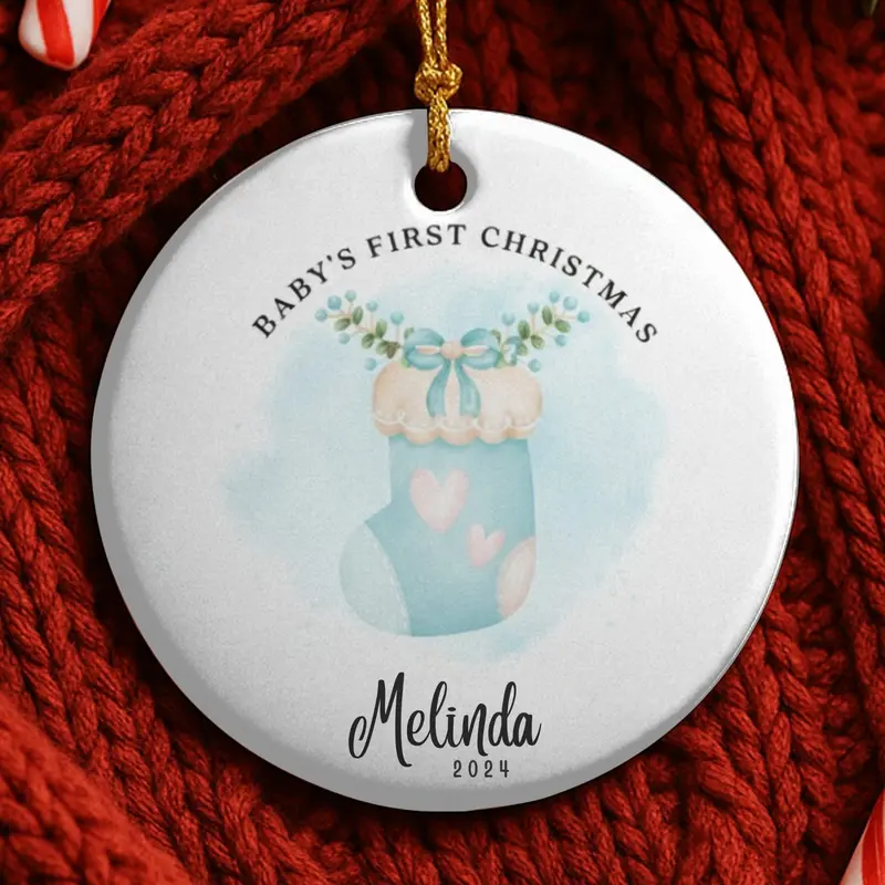 Personalized Baby’S First Christmas Ornament 2025, Custom Ceramic Ornament With Name, Cute Baby Sock Design, Newborn Keepsake Holiday Gifts 1