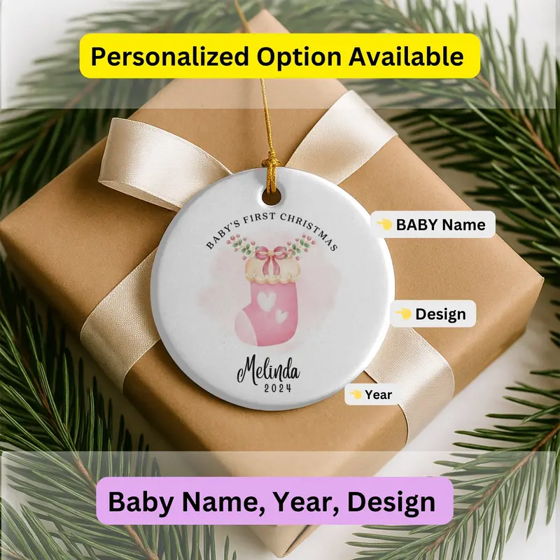 Personalized Baby’S First Christmas Ornament 2025, Custom Ceramic Ornament With Name, Cute Baby Sock Design, Newborn Keepsake Holiday Gifts 2