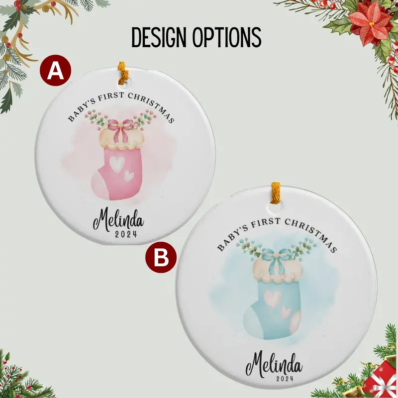Personalized Baby’S First Christmas Ornament 2025, Custom Ceramic Ornament With Name, Cute Baby Sock Design, Newborn Keepsake Holiday Gifts 3