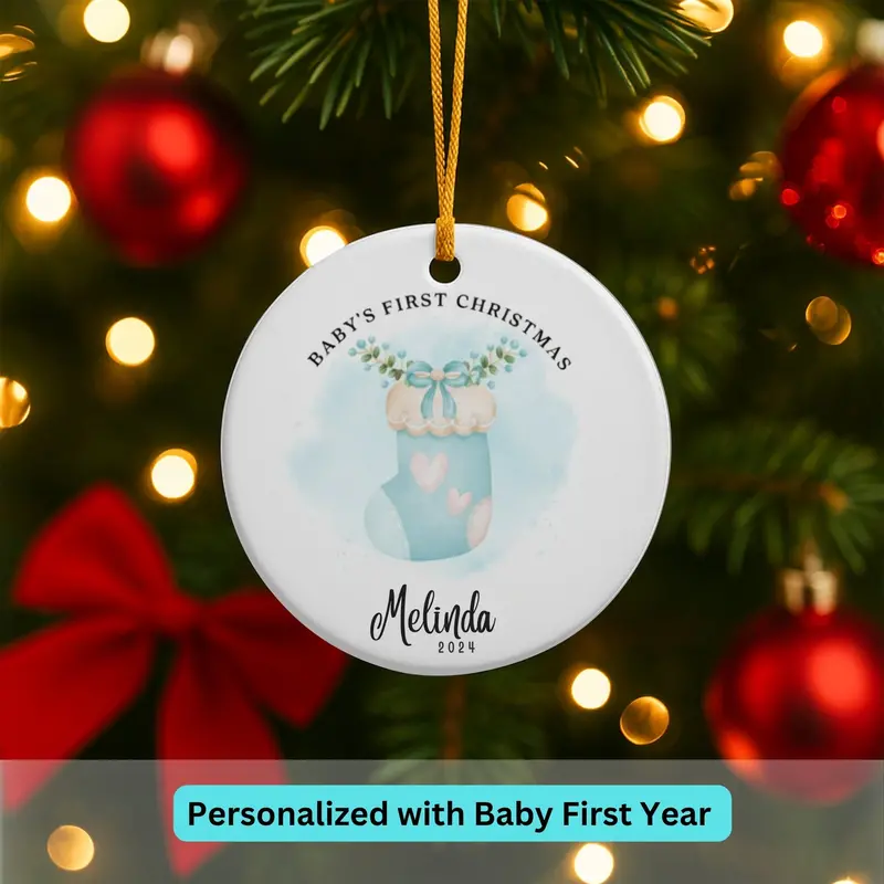 Personalized Baby’S First Christmas Ornament 2025, Custom Ceramic Ornament With Name, Cute Baby Sock Design, Newborn Keepsake Holiday Gifts 5
