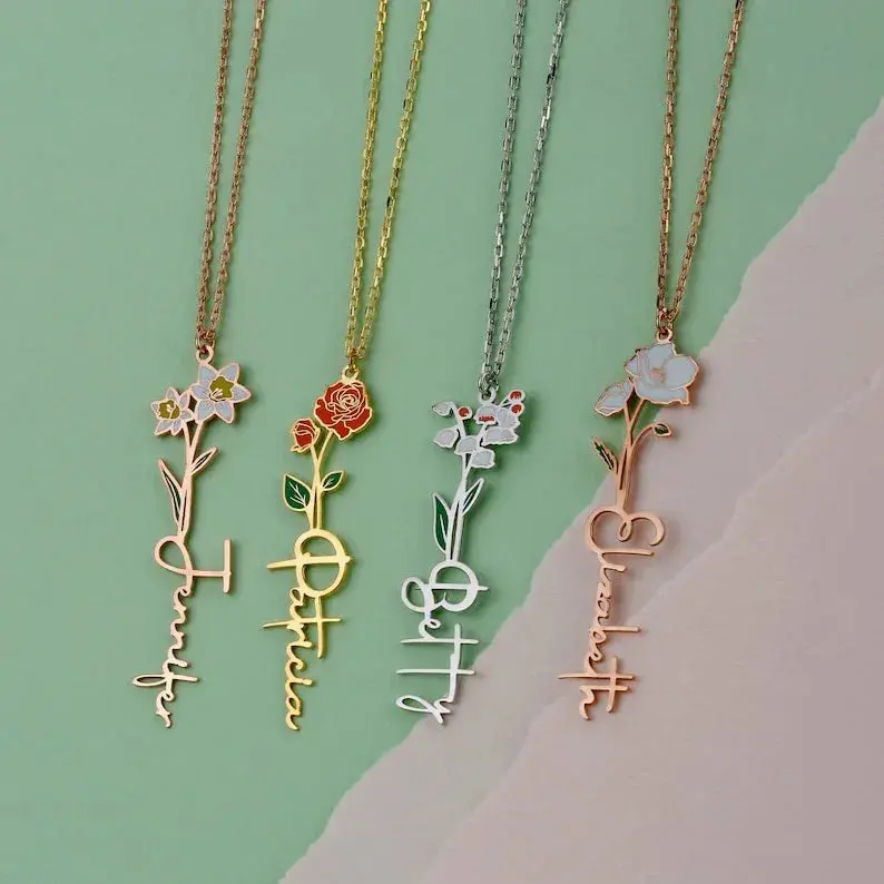 Personalized Birth Flower & Name Necklace 4