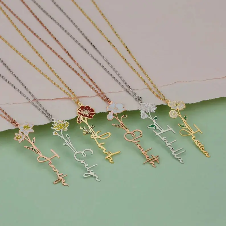 Personalized Birth Flower & Name Necklace 9