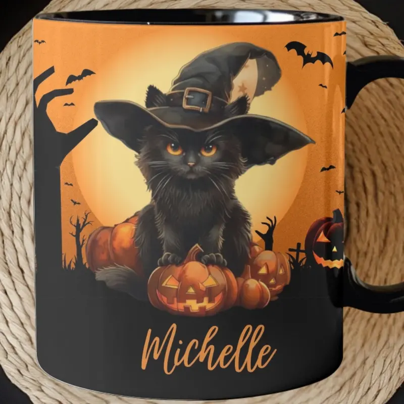 Personalized Black Cat Halloween Mug: Spooky Autumn Gift 1