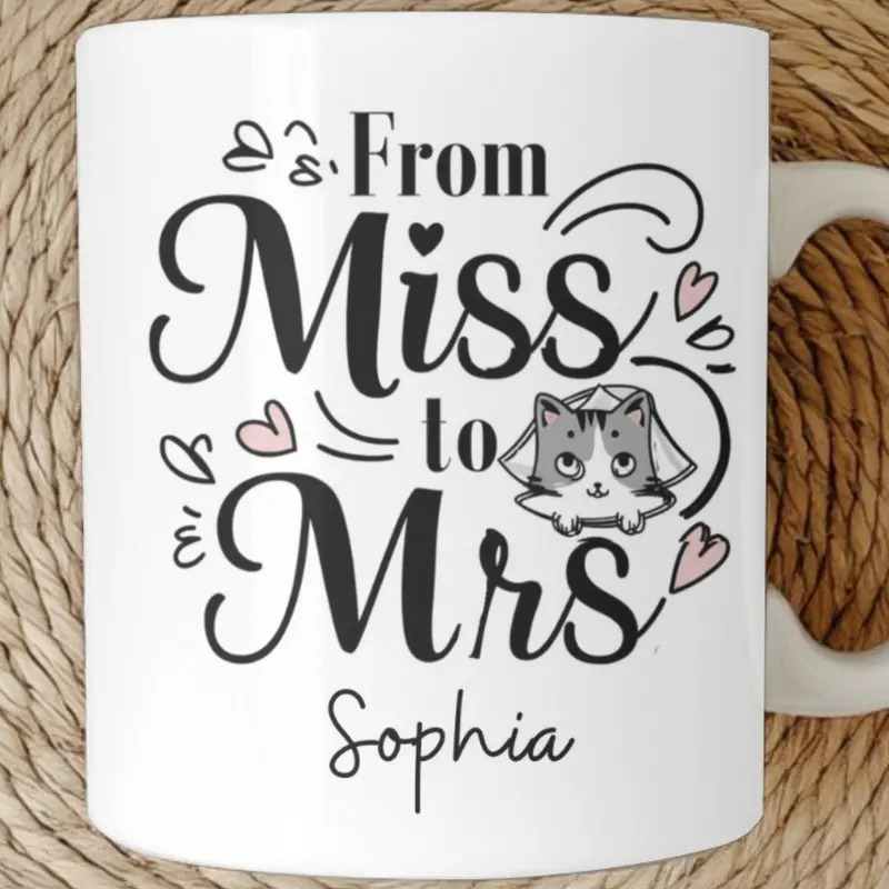 Personalized Future Mrs Mug, Personalised Name Cat Mug Gift Bride To Be, Bridal Shower Gift, Wedding Mug, Custom Name Fiance Coffee Cup 1