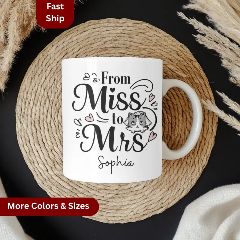 Personalized Future Mrs Mug, Personalised Name Cat Mug Gift Bride To Be, Bridal Shower Gift, Wedding Mug, Custom Name Fiance Coffee Cup 7