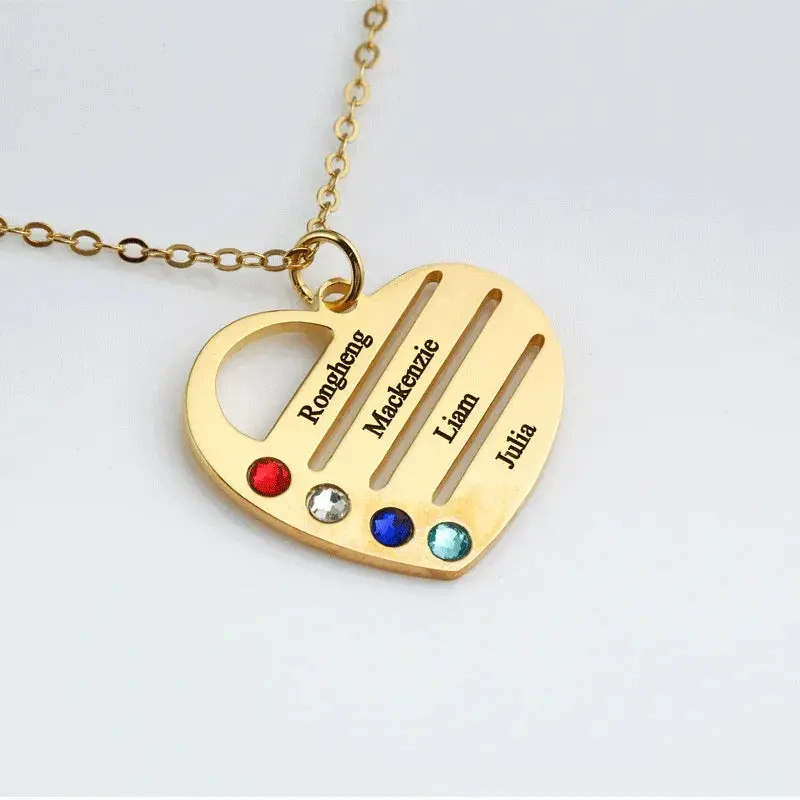 Personalized Heart Name Necklace With Birthstones — Custom 1-4 Names Engraved Family Jewelry Gift 1