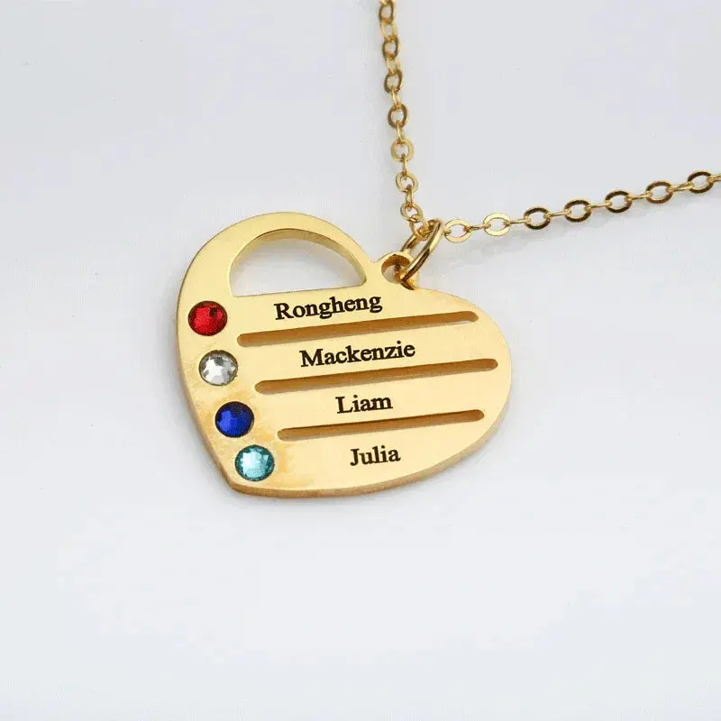 Personalized Heart Name Necklace With Birthstones — Custom 1-4 Names Engraved Family Jewelry Gift 3