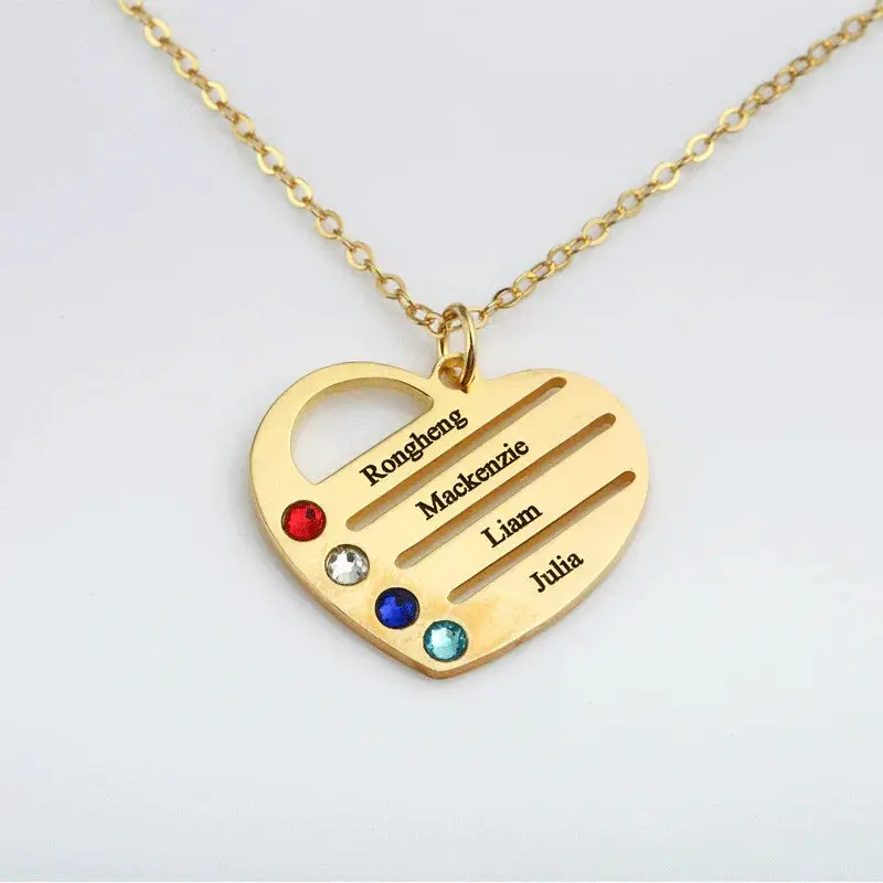 Personalized Heart Name Necklace With Birthstones — Custom 1-4 Names Engraved Family Jewelry Gift 5