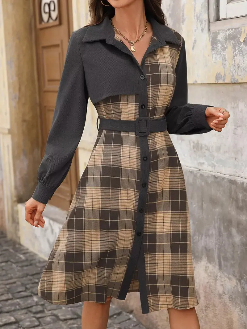Plaid Button Up Long Sleeve Shirt Dress 3