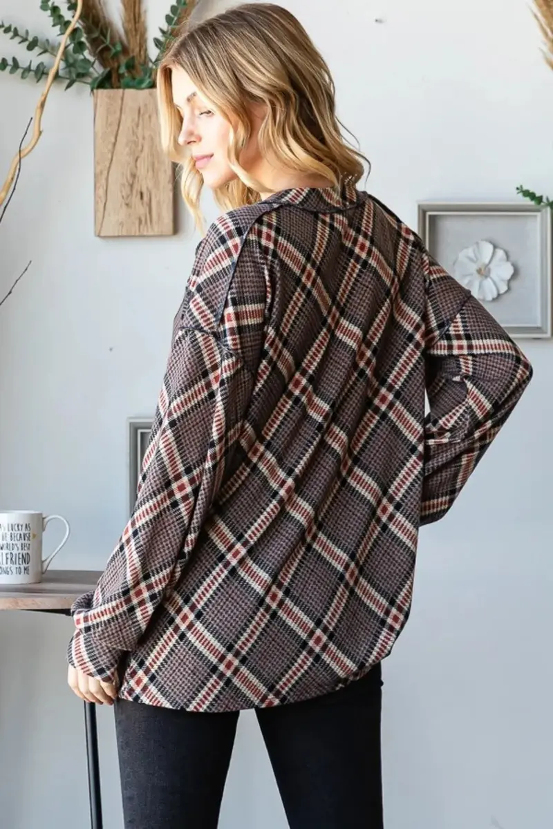 Plaid Exposed Seam V-Neck T-Shirt 2