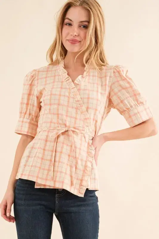 Plaid Patterned And Ruffled Wrap Blouse Top 1