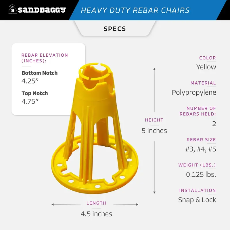 Plastic Rebar Chairs - Elevates Rebar 4 ¼" Or 4 ¾" - Rebar #3 To #5 (Yellow) 3