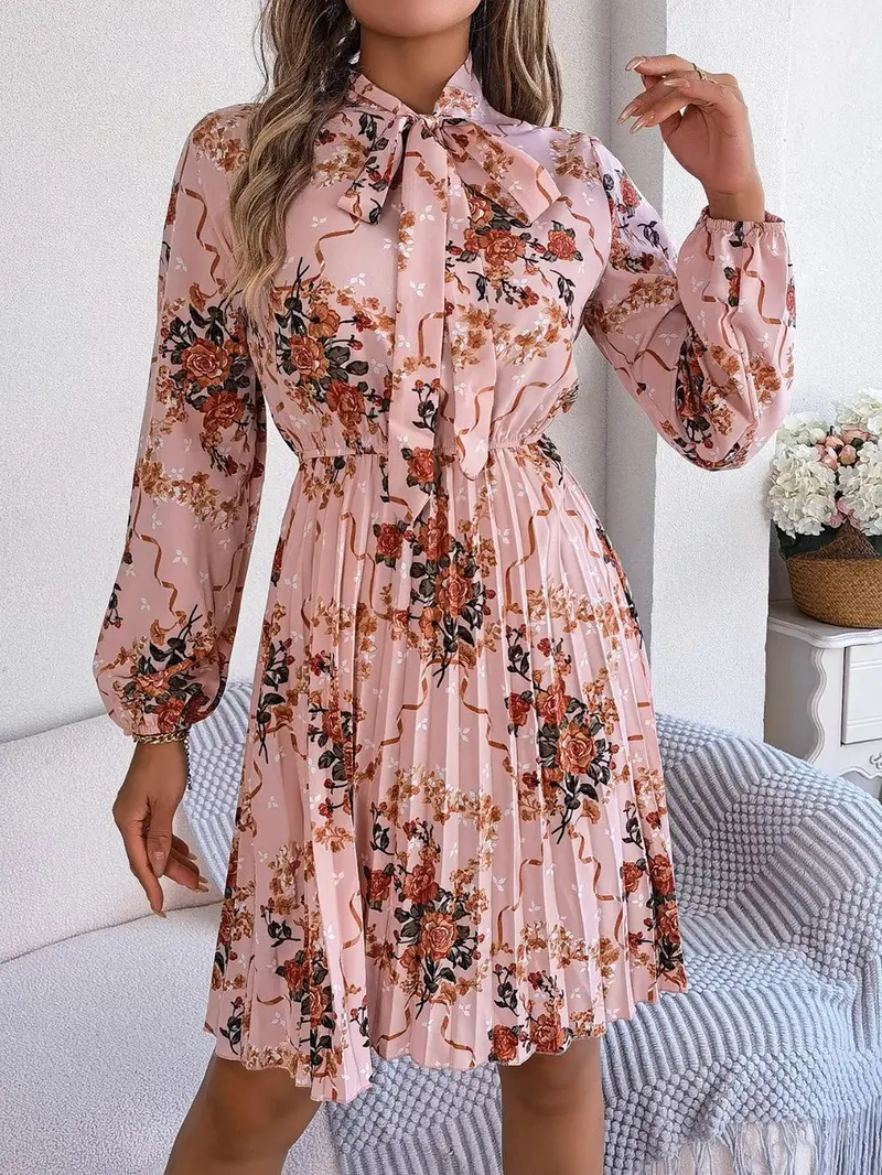 Pleated Printed Tie Neck Long Sleeve Dress 1