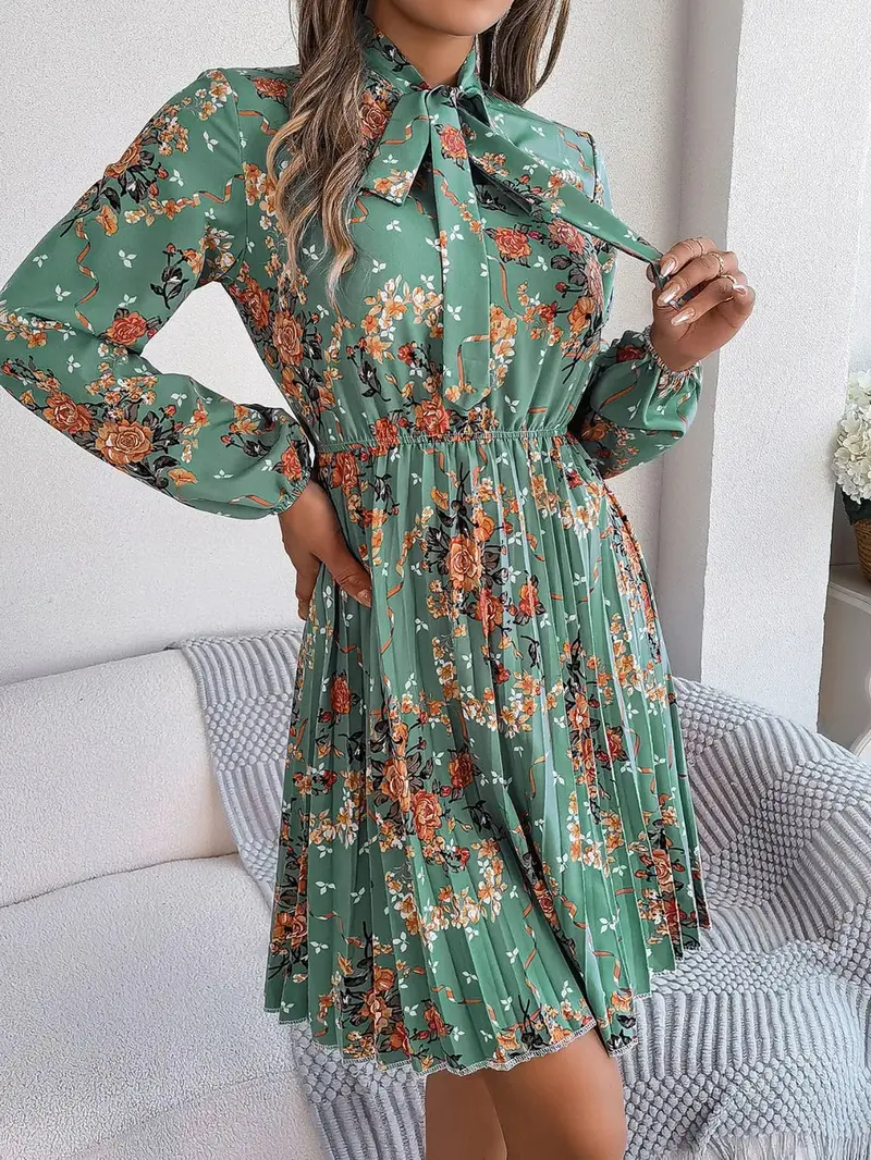 Pleated Printed Tie Neck Long Sleeve Dress 10