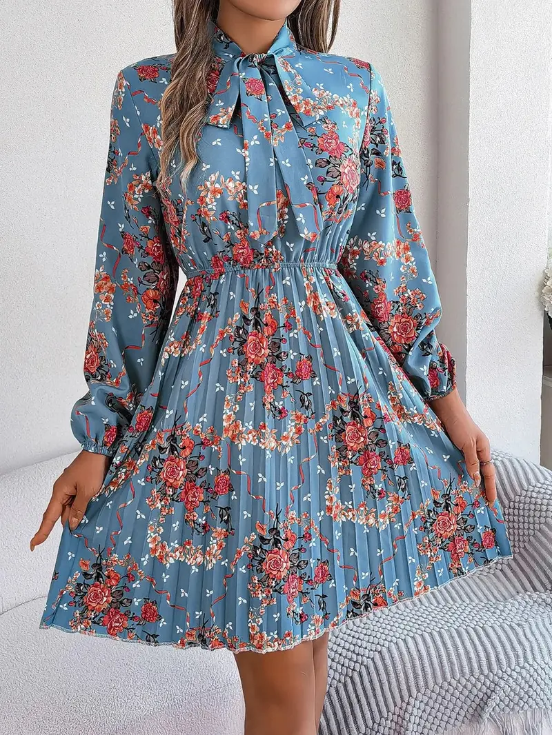 Pleated Printed Tie Neck Long Sleeve Dress 11
